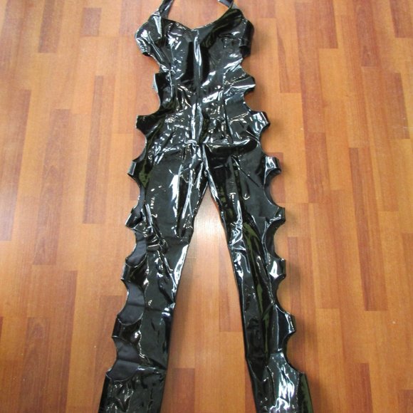 Black Patent Shiny Vinyl Cutout Sides Catsuit - Picture 2 of 8